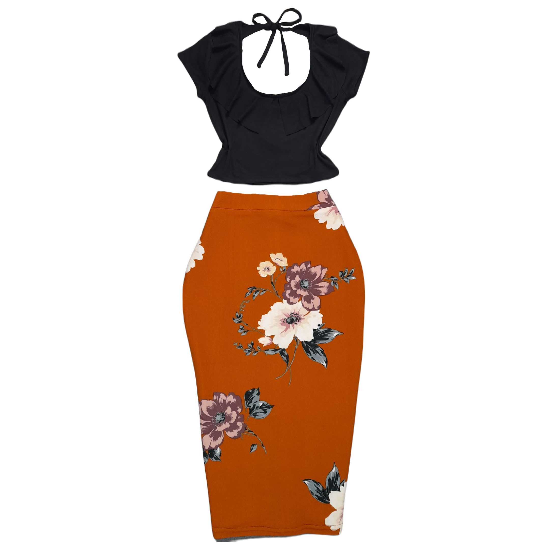 Ruffles Crew Neck Long Sleeve Blouse And Floral Pencil Skirt